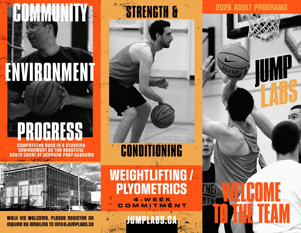 Jumplabs 2026 Adult Programs brochure – outside spread: Community Environment Progress, Strength & Conditioning, Welcome to the Team